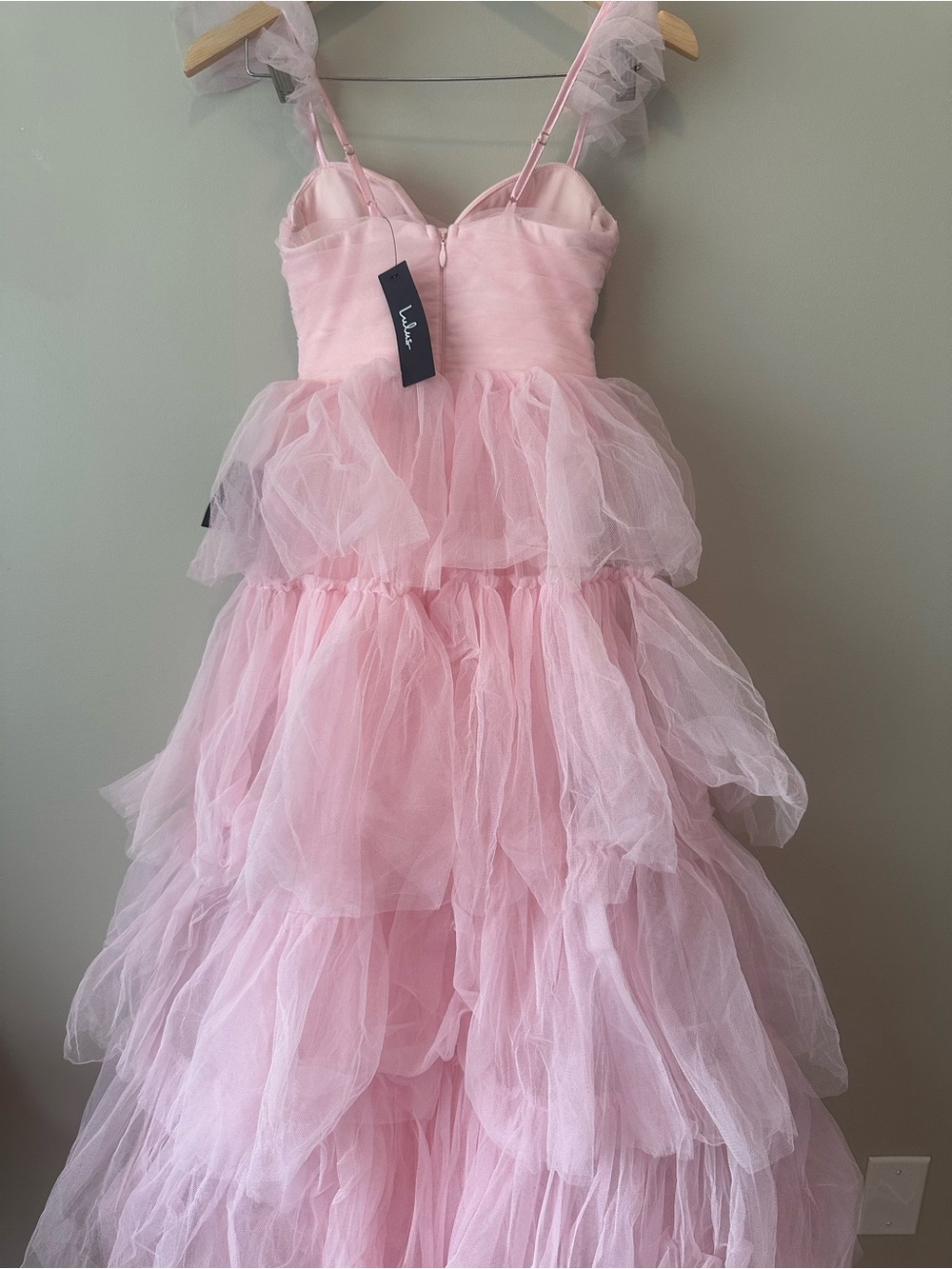 NWT! Lulus Fabulous Poise Light Pink Tulle Ruffled Tiered Maxi Dress. XXS - Picture 7 of 8